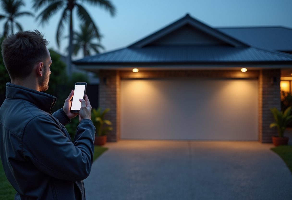 Smart garage door opener installation at dusk — Ormeau
